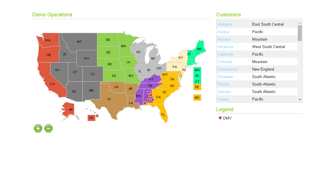 USA States Map with Side Bar Filter